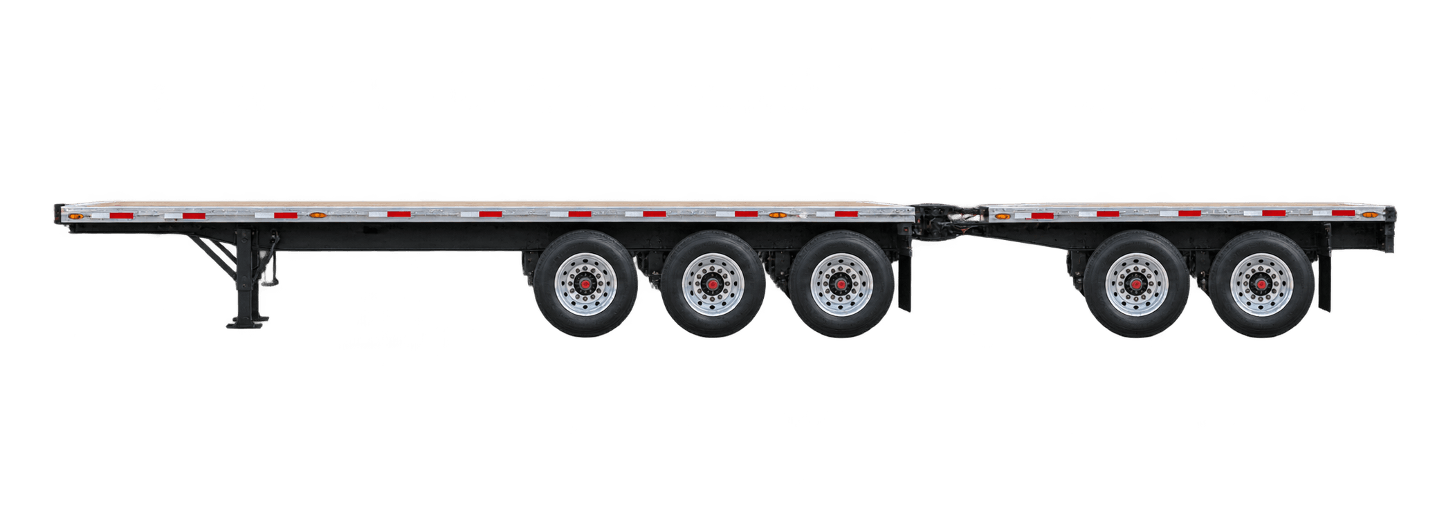 Side view of a Super B-train flatbed trailer pair