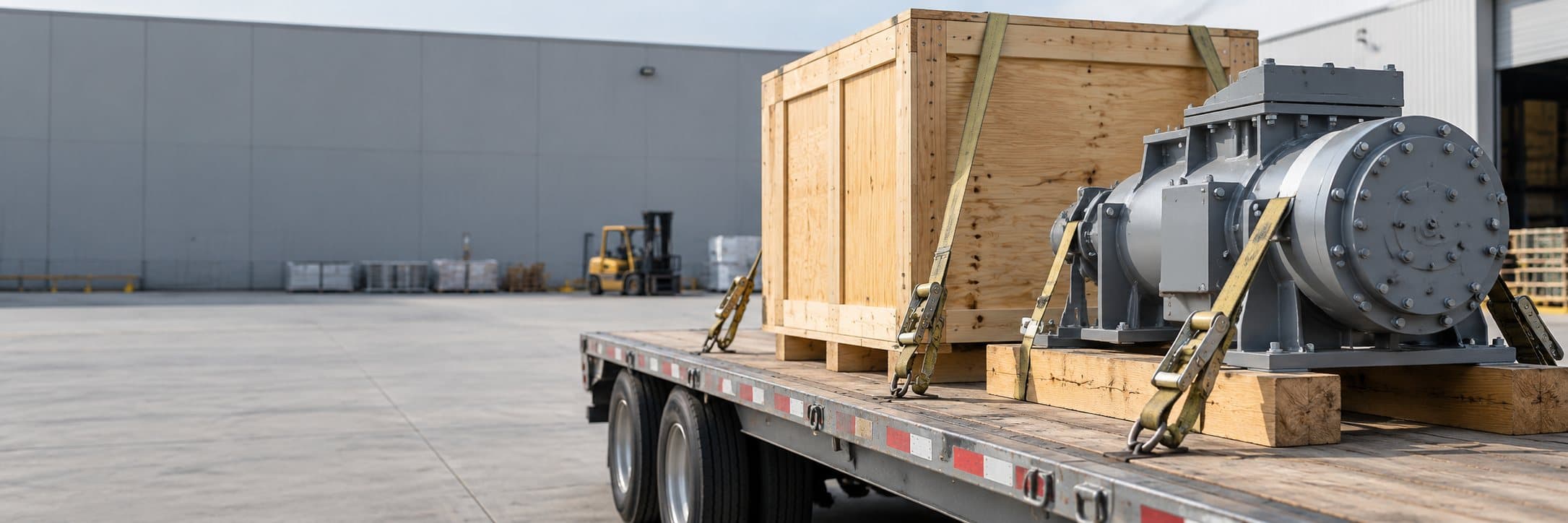 Crated freight and industrial machinery strapped to a flatbed trailer at a warehouse yard