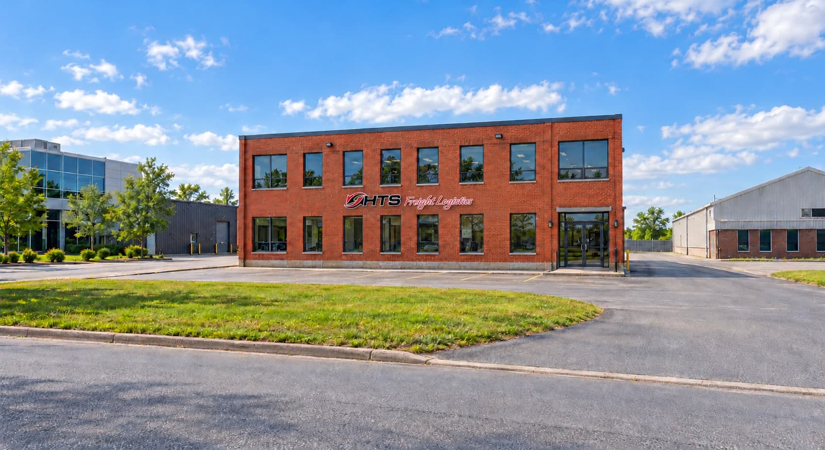 Two-storey red brick office building with HTS Freight Logistics signage